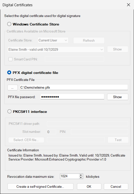 The Digital Certificates window with a PFX file selected. The Certificate Information box confirms that the file and the password are correct.