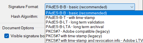 The list of the signature formats. The three older PKCS#7 formats are at the end of the list.