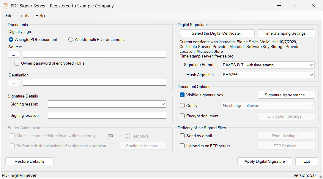 With a format that uses a time stamp (here PAdES-B-T), the Time Stamping Settings... button becomes available and the time stamp server appears under the certificate.