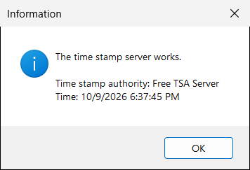 The result of the test: the server works, and it tells who issued the time stamp.