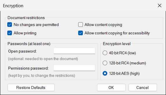 The Encryption window with its original values.