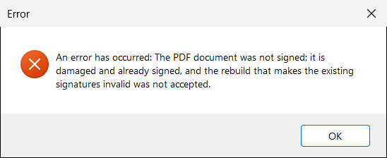 If you click No, the document is not signed, and the message tells you why.