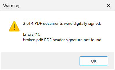 A summary with an error: three documents were signed, and the fourth, which is not a valid PDF document, is listed with the reason.