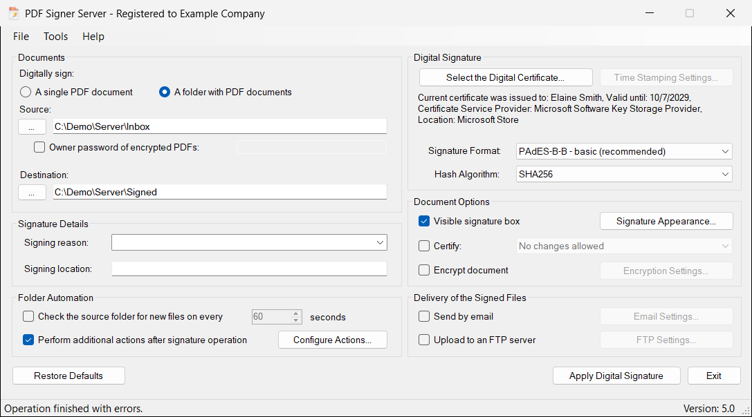 The same actions when the folder is signed with Apply Digital Signature: the status bar says that the operation finished with errors, because of the document that is not a valid PDF.