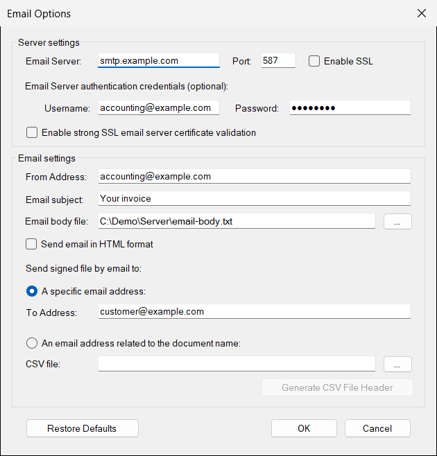 The Email Options window, filled in with example values. The documents are sent to one specific address.