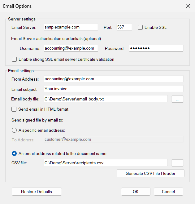 The same window with the second recipient option: a CSV file selects the recipient.
