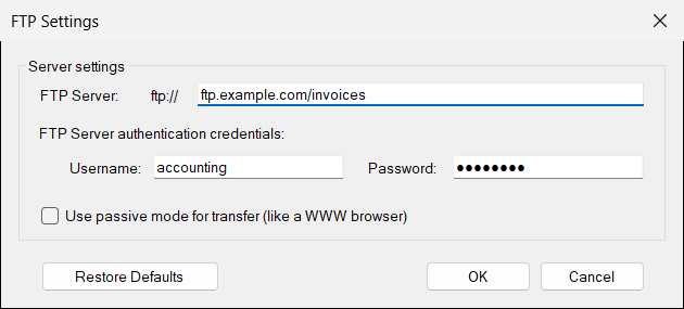 The FTP Settings window, filled in with example values.