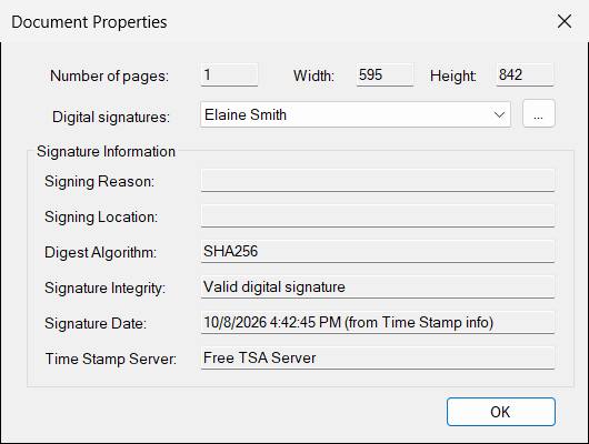 The properties of a document signed with a time stamp: the date comes from the time stamp, and the time stamp server is named.
