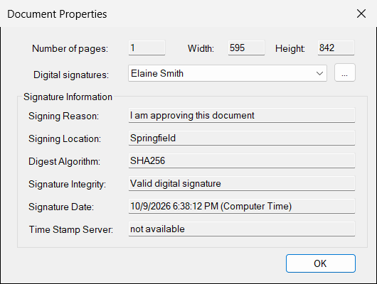 A document signed without a time stamp: the date is the time of the computer, and there is no time stamp server.