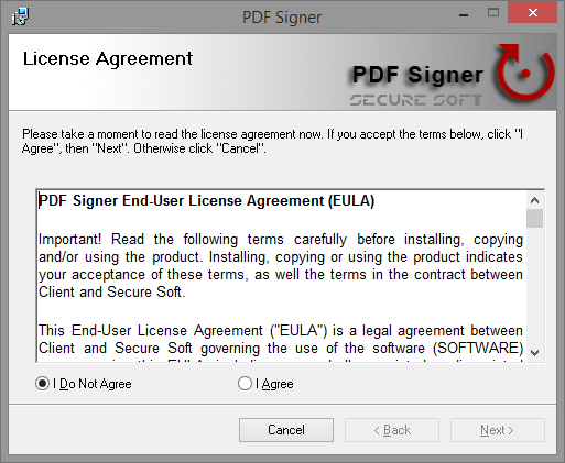 The license agreement page of the setup. Select I Agree to enable the Next button. (The picture comes from an earlier version of the setup, which has the same pages.)