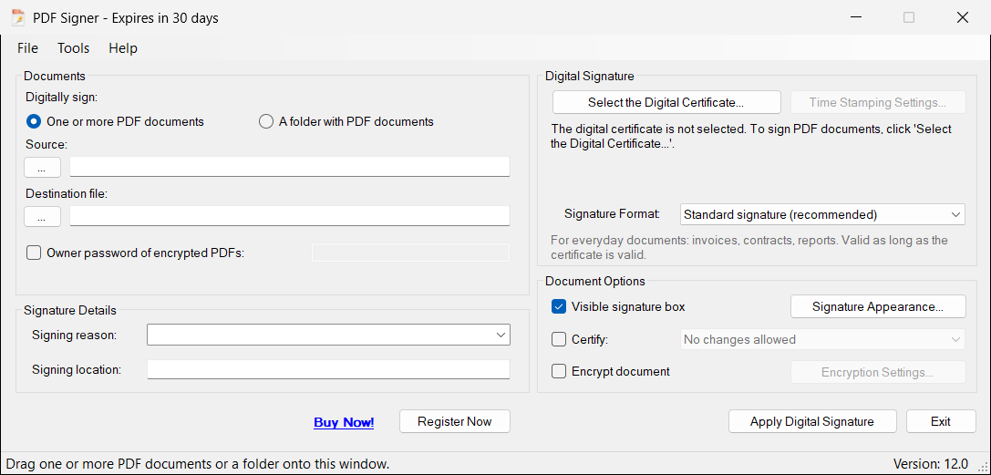 The trial version: the title shows the remaining days, and the Buy Now! and Register Now buttons are visible.