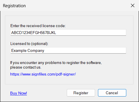 The Registration window. The code in this picture is only an example.