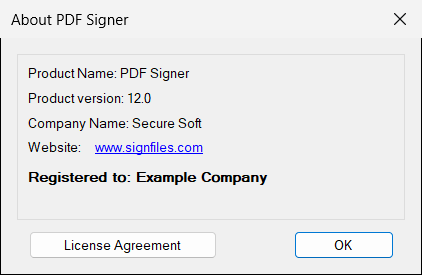 The About window: the version of the program, the registered name and the license agreement.