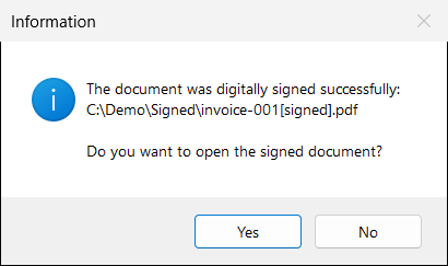 The confirmation message. Yes opens the signed document, No closes the message.