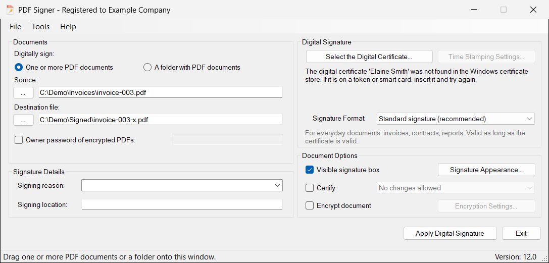 The certificate of the configuration is on a token that is not inserted: the main window explains it under the certificate button.
