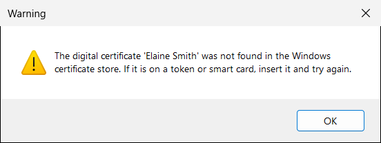 The same explanation is shown when you try to sign. Insert the token and click Apply Digital Signature again.