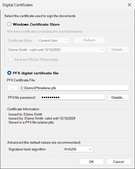 The Digital Certificates window with a PFX file selected. The Certificate Information box confirms that the file and the password are correct.