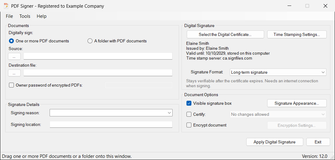 With the Long-term signature, the Time Stamping Settings... button becomes available and the time stamp server appears under the certificate.