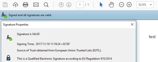 A signature made with a qualified certificate, in Adobe Reader: the source of trust is the European Union Trusted Lists and the signature is a qualified electronic signature according to EU Regulation 910/2014. (The picture comes from an earlier version of Adobe Reader and can differ slightly on your computer.)