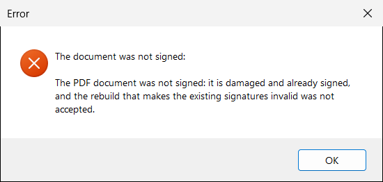 If you click No, the document is not signed, and the message tells you why.