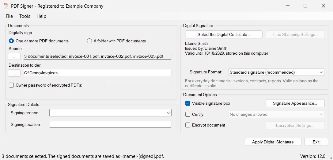 Three documents selected together. The destination is a folder (here the folder of the first document) and the signed documents are named <name>[signed].pdf.