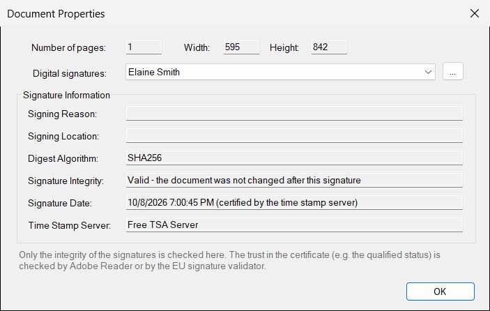 The properties of a document signed with a time stamp.