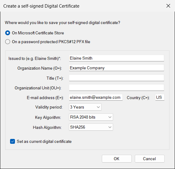 Filling in the details of a new self-signed certificate.