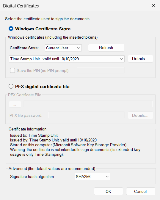 A certificate issued only for time stamping: the Certificate Information box shows the warning that it is not intended to sign documents.