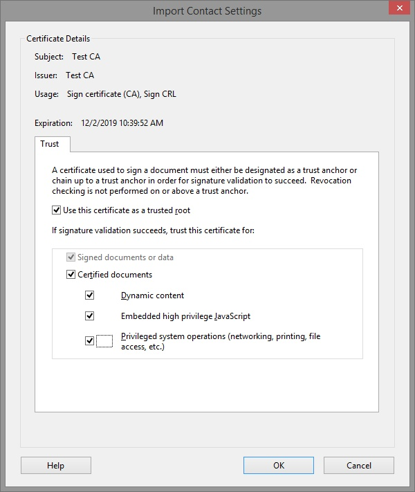 Import Contact Settings: Use this certificate as a trusted root, Certified documents, Dynamic content, Embedded high privilege JavaScript, Privileged system operations.