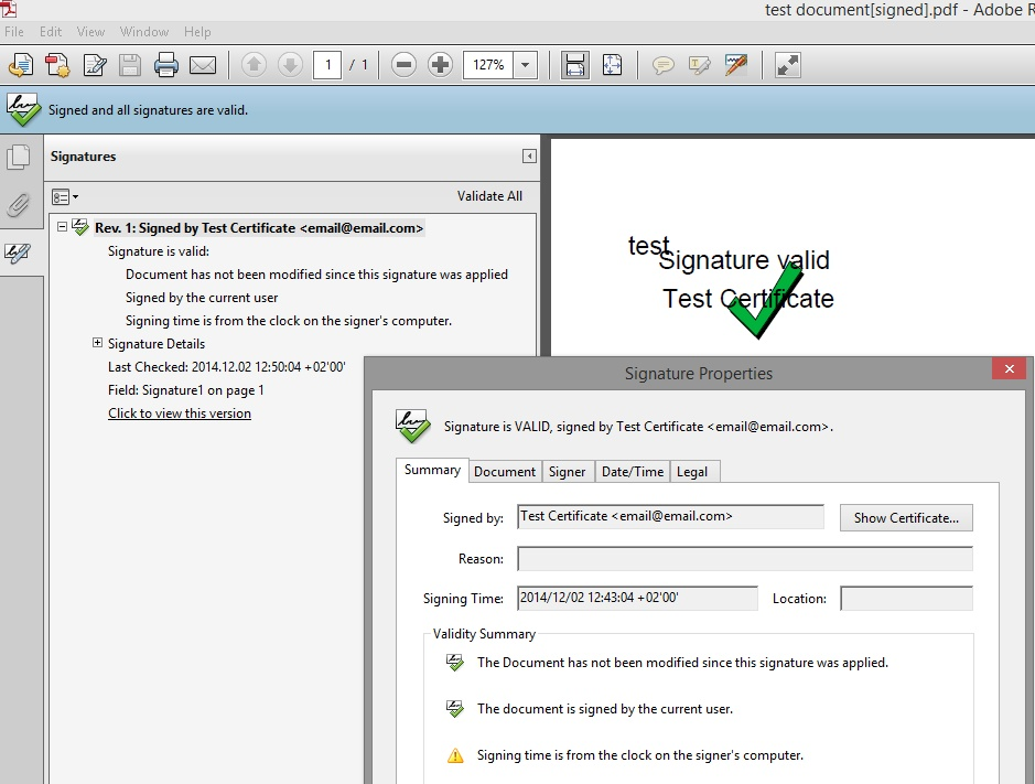 After the root is trusted, the same document shows Signed and all signatures are valid, and Signature is VALID.