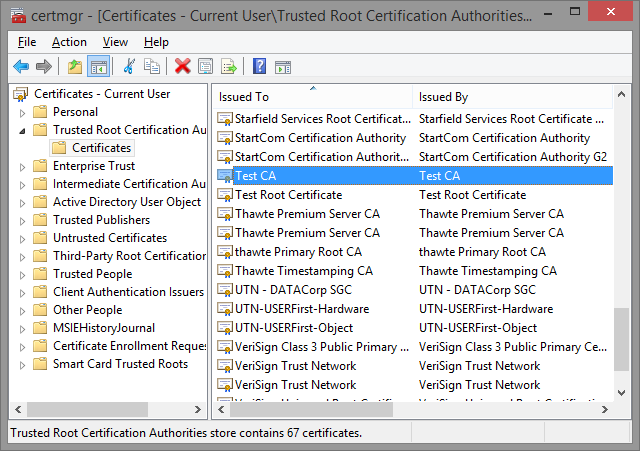 certmgr: Trusted Root Certification Authorities, the root Test CA is in the list.