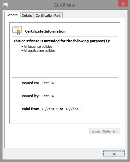 The Windows certificate window of the root Test CA, issued to and by Test CA.