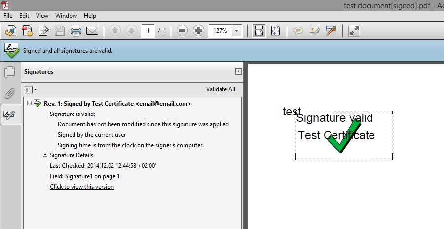 The document opened again: Signed and all signatures are valid.