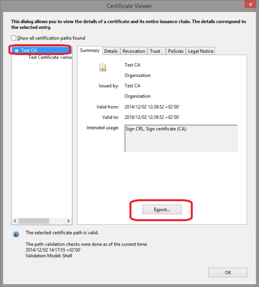 The Certificate Viewer: the root Test CA is selected and the Export button of the Summary tab is highlighted.