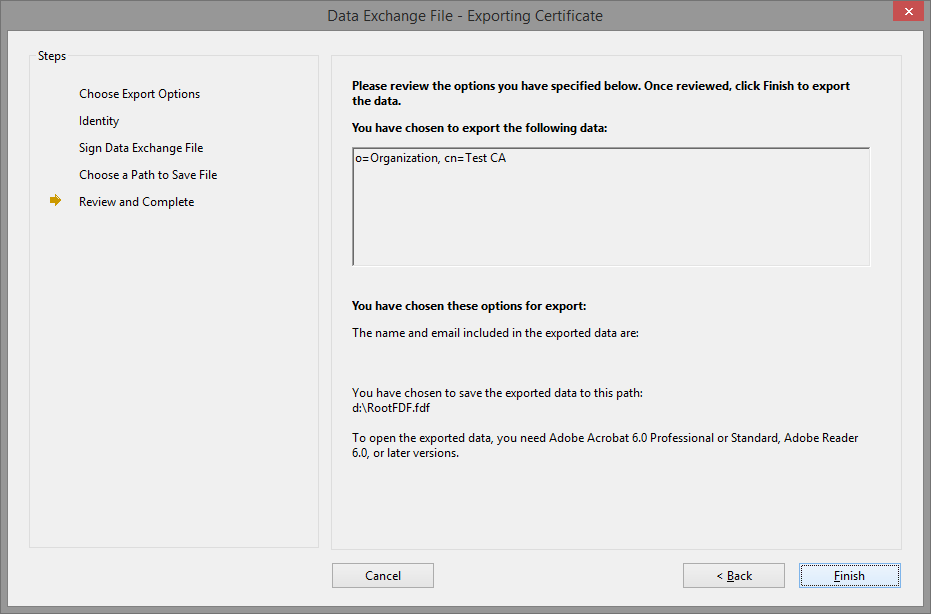 The last step of the export: the path of the FDF file and the Finish button.