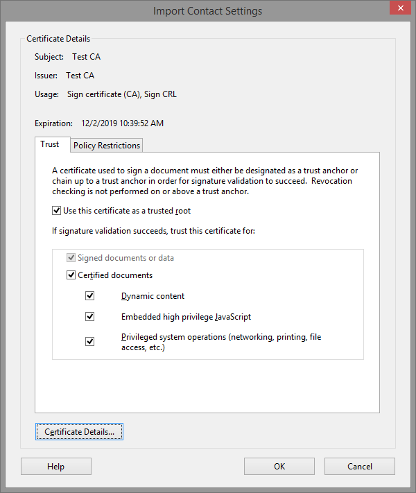 Import Contact Settings for the root Test CA.