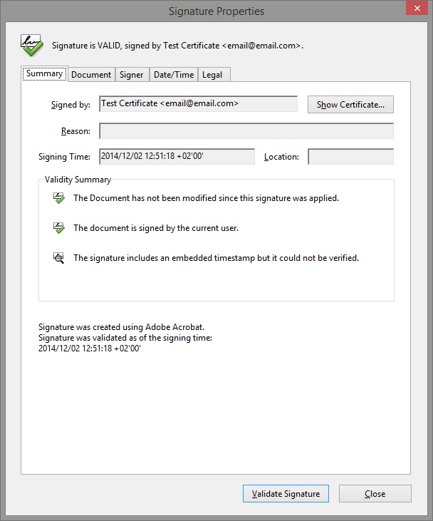 Signature Properties: The signature includes an embedded timestamp but it could not be verified.