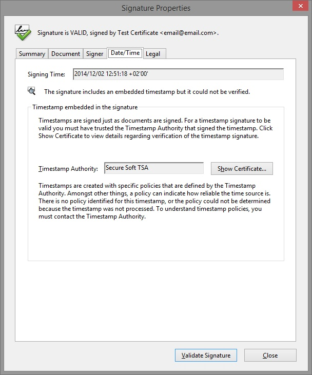 The Date/Time tab: Timestamp Authority and the Show Certificate button.