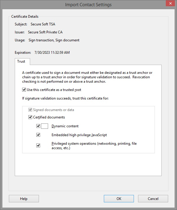 Import Contact Settings for the time stamp authority certificate.
