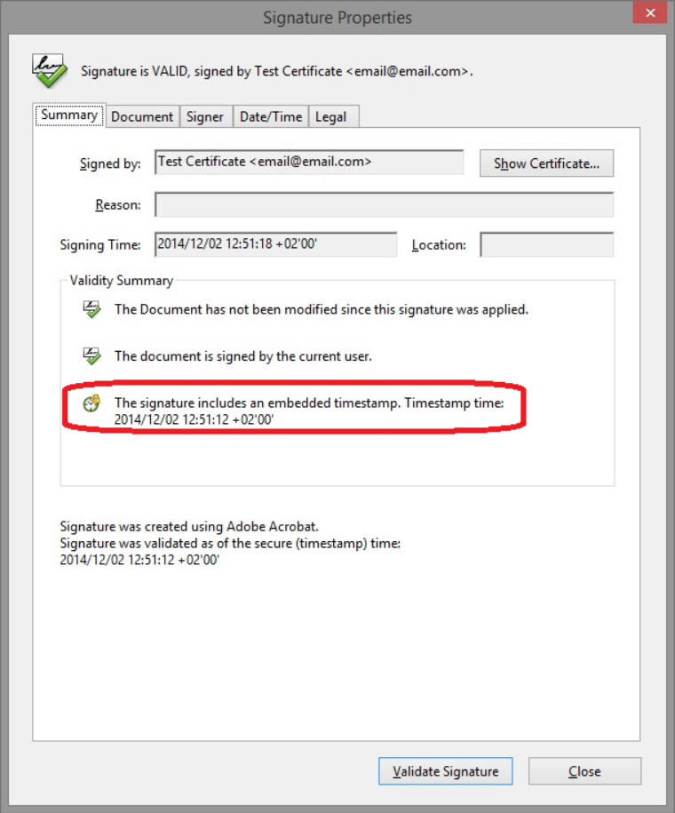 Signature Properties: The signature includes an embedded timestamp. Timestamp time.