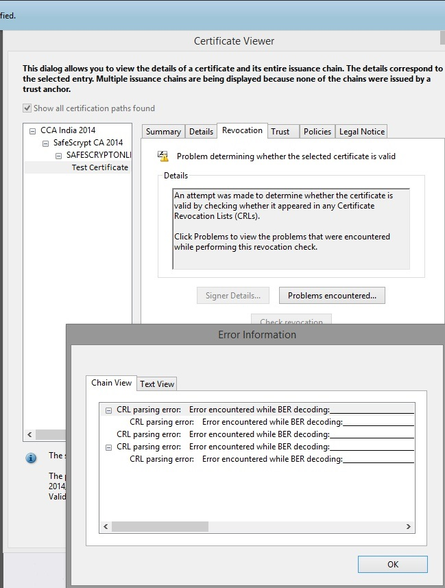 Certificate Viewer, Revocation tab: Problem determining whether the selected certificate is valid; Error Information: CRL parsing error.