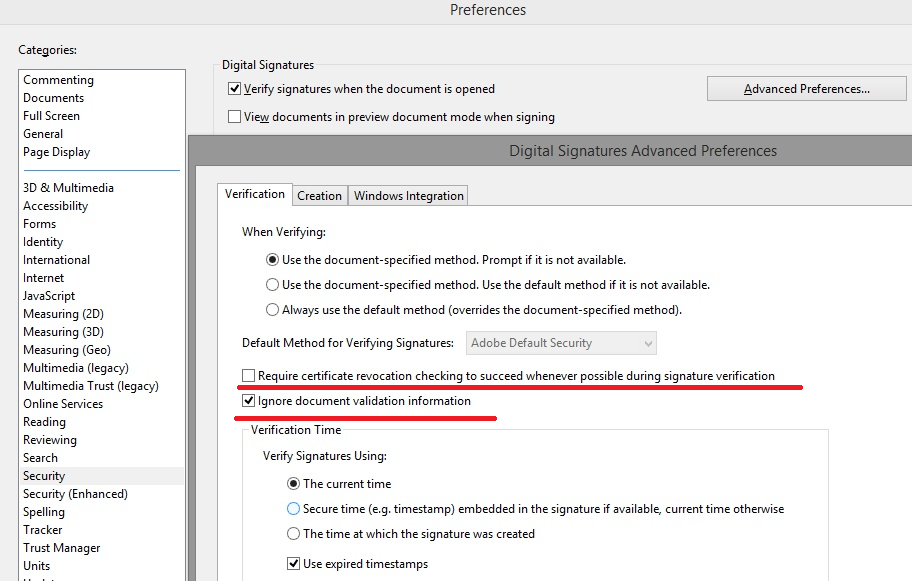 Digital Signatures Advanced Preferences, Verification tab: Require certificate revocation checking to succeed is unticked, Ignore document validation information is ticked.