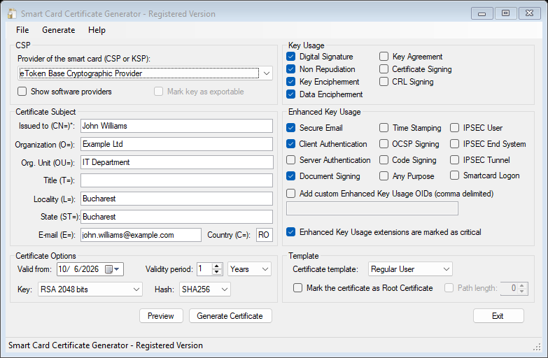 Smart Card Certificate Generator with a CSP provider and an RSA key