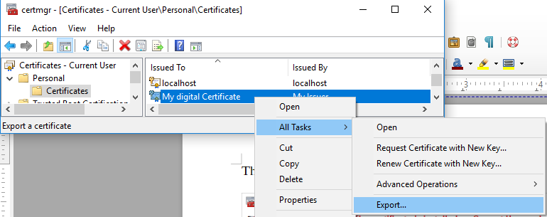 Export a certificate from the store