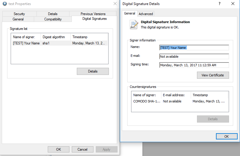 The digital signature of a file