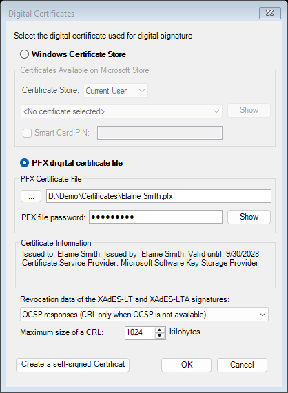 Digital Certificates window with the PFX option selected