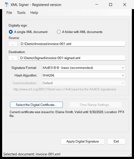 XML Signer with source, destination and certificate selected