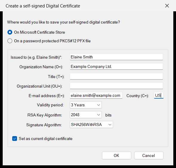 Create a self-signed Digital Certificate window
