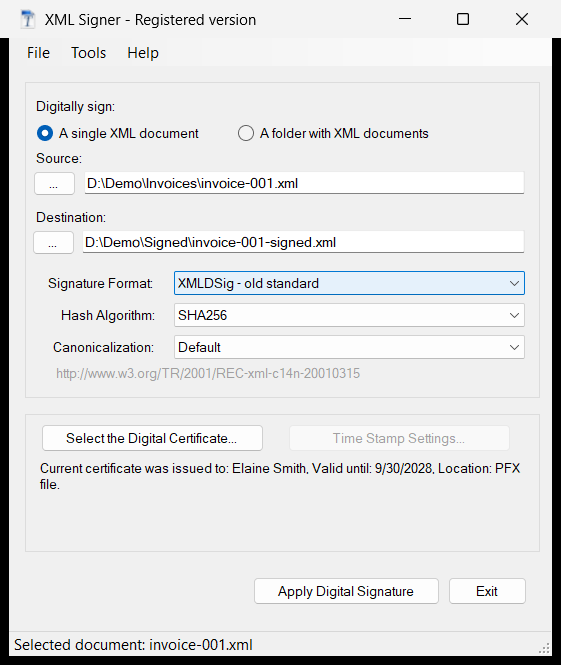 Main window with the XMLDSig format selected