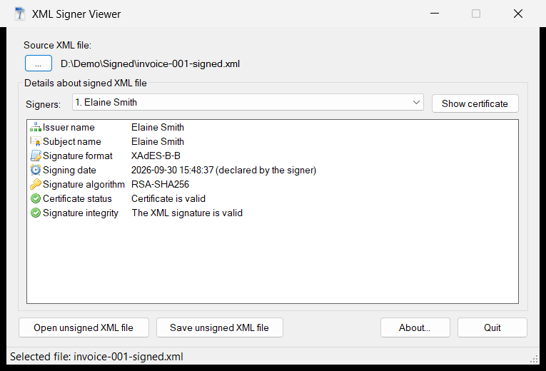 XML Signer Viewer showing a valid signature